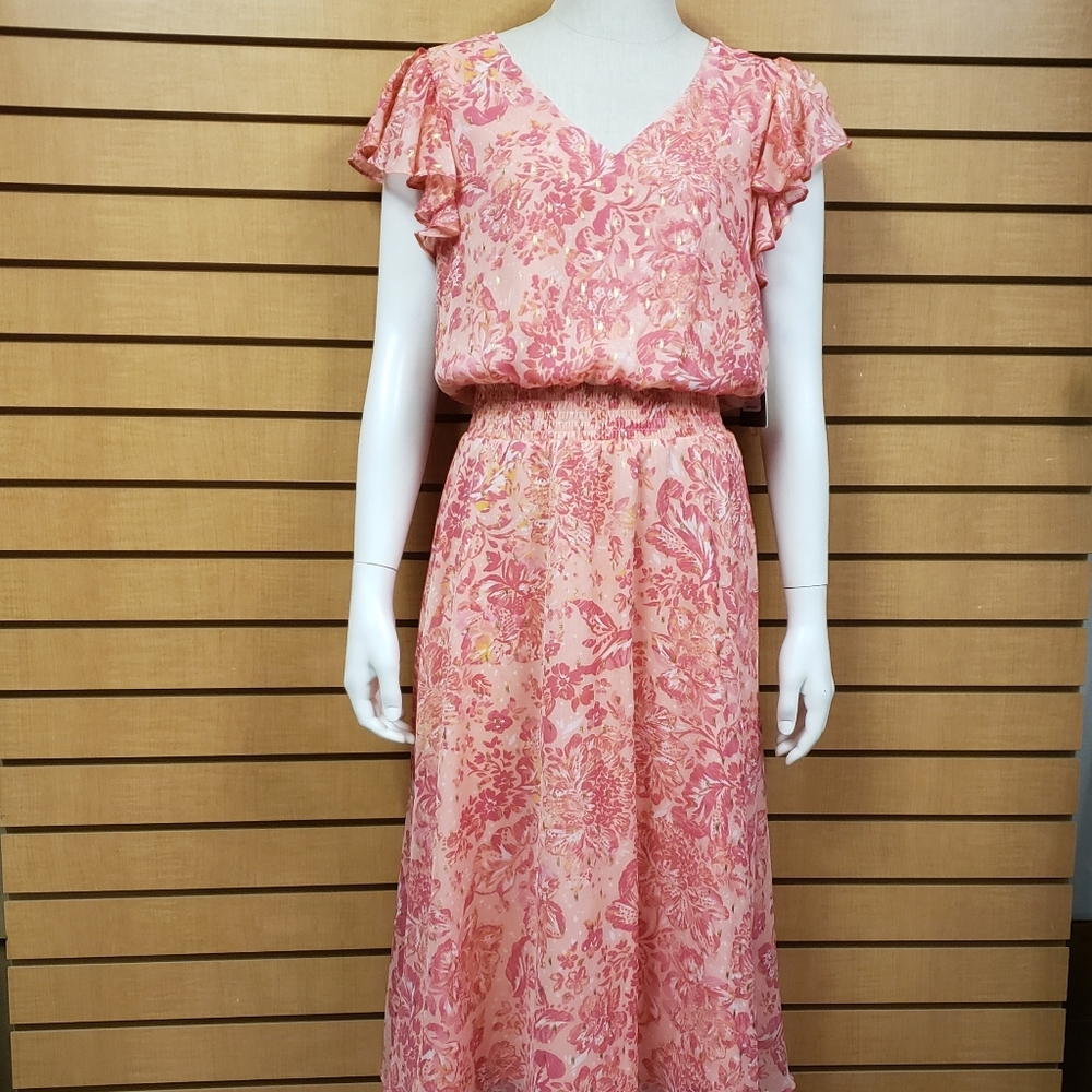 Chaus Dress M NWT Floral V-Neck Short Sleeve Elastic Waist Pink Coral Summer